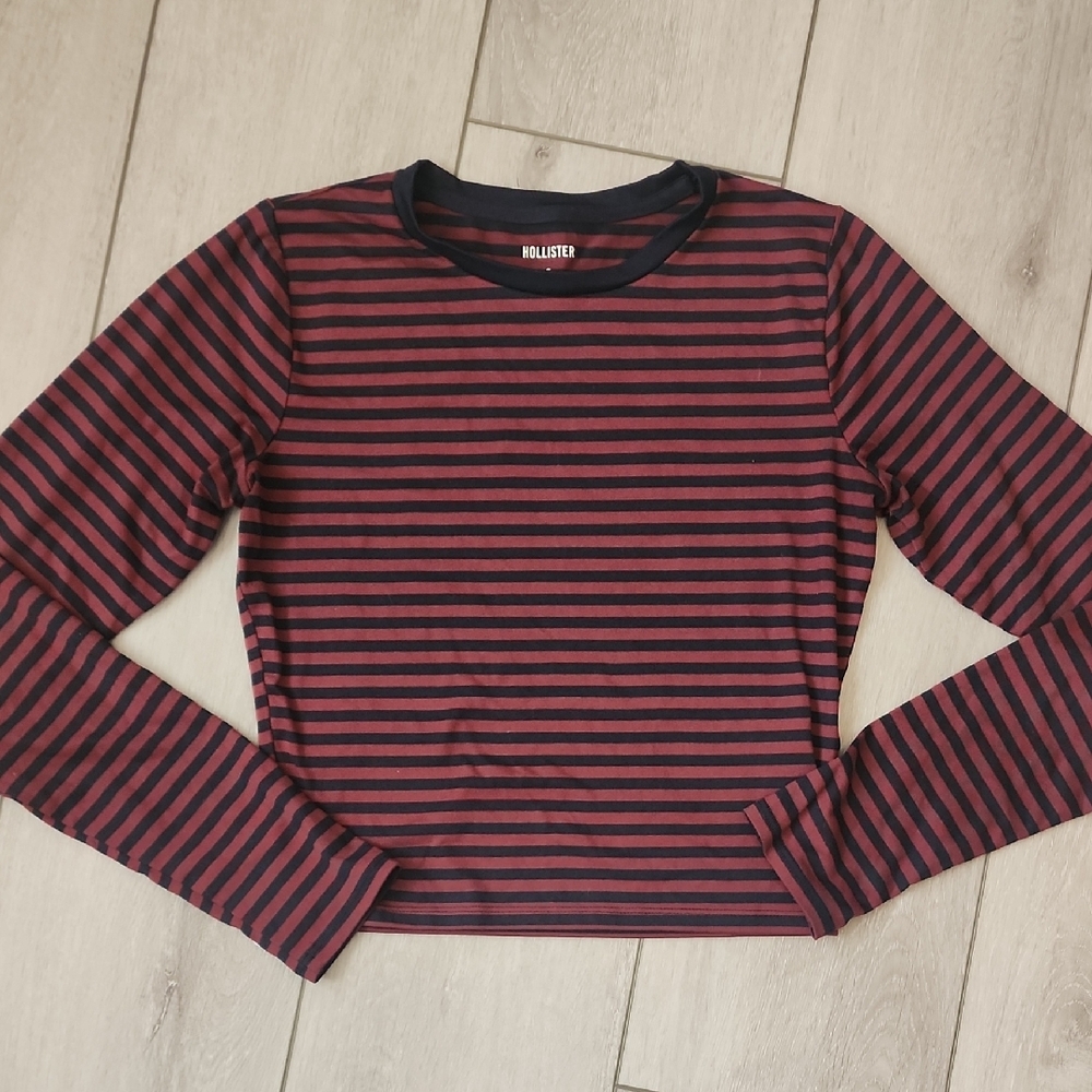 Hollister Kids Red and Black Striped Long Sleeve Tee
